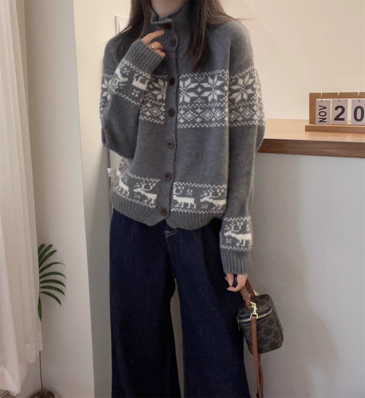 歐洲站2023冬季洋氣時尚復古菱格雪花刺繡立領排扣軟糯蜜熊絨毛衣