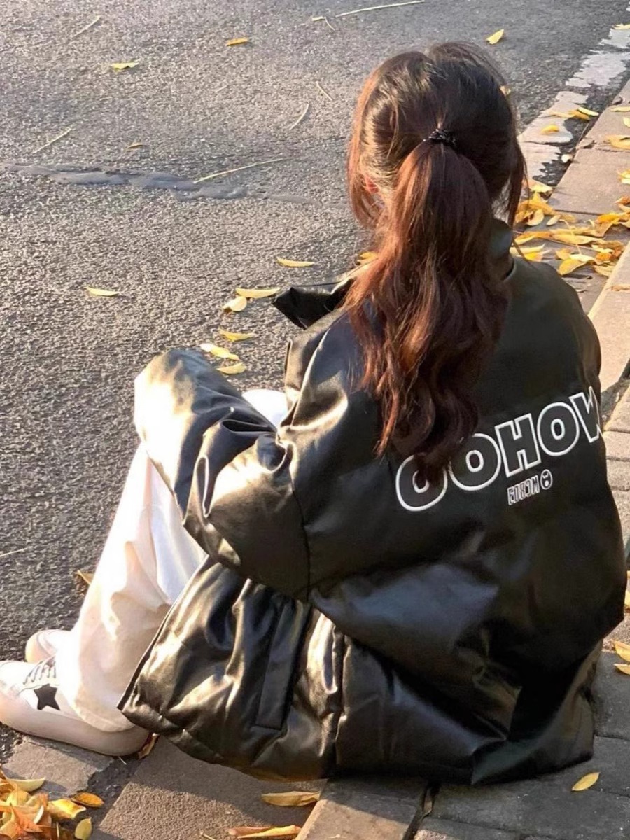 高品質PU皮棉服手塞棉加厚冬季新款寬鬆印花棉服麵包服女外套