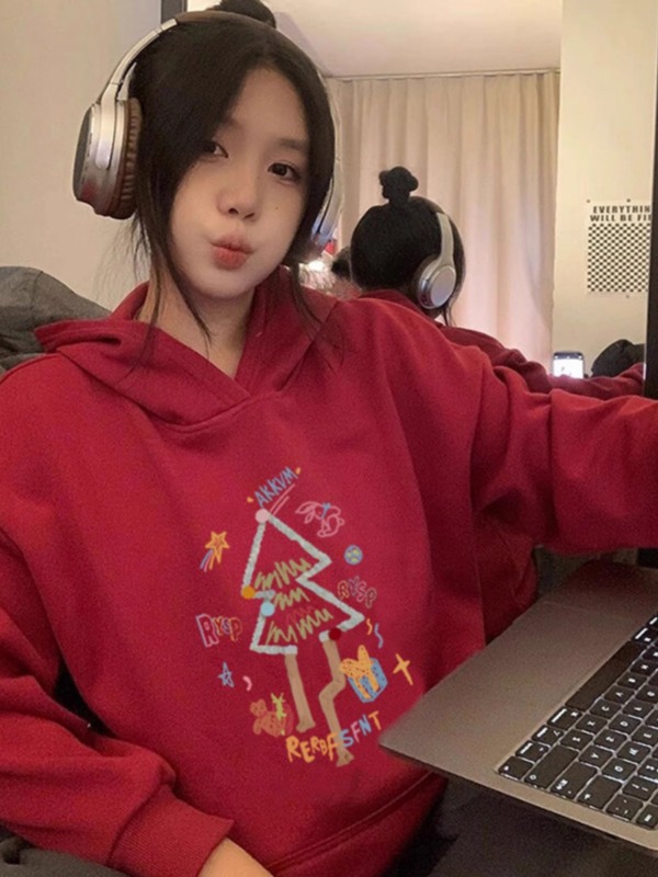 CVC棉麵食毛華棉複合/牛奶絲300克銀狐絨400克前 印花連帽衛衣女