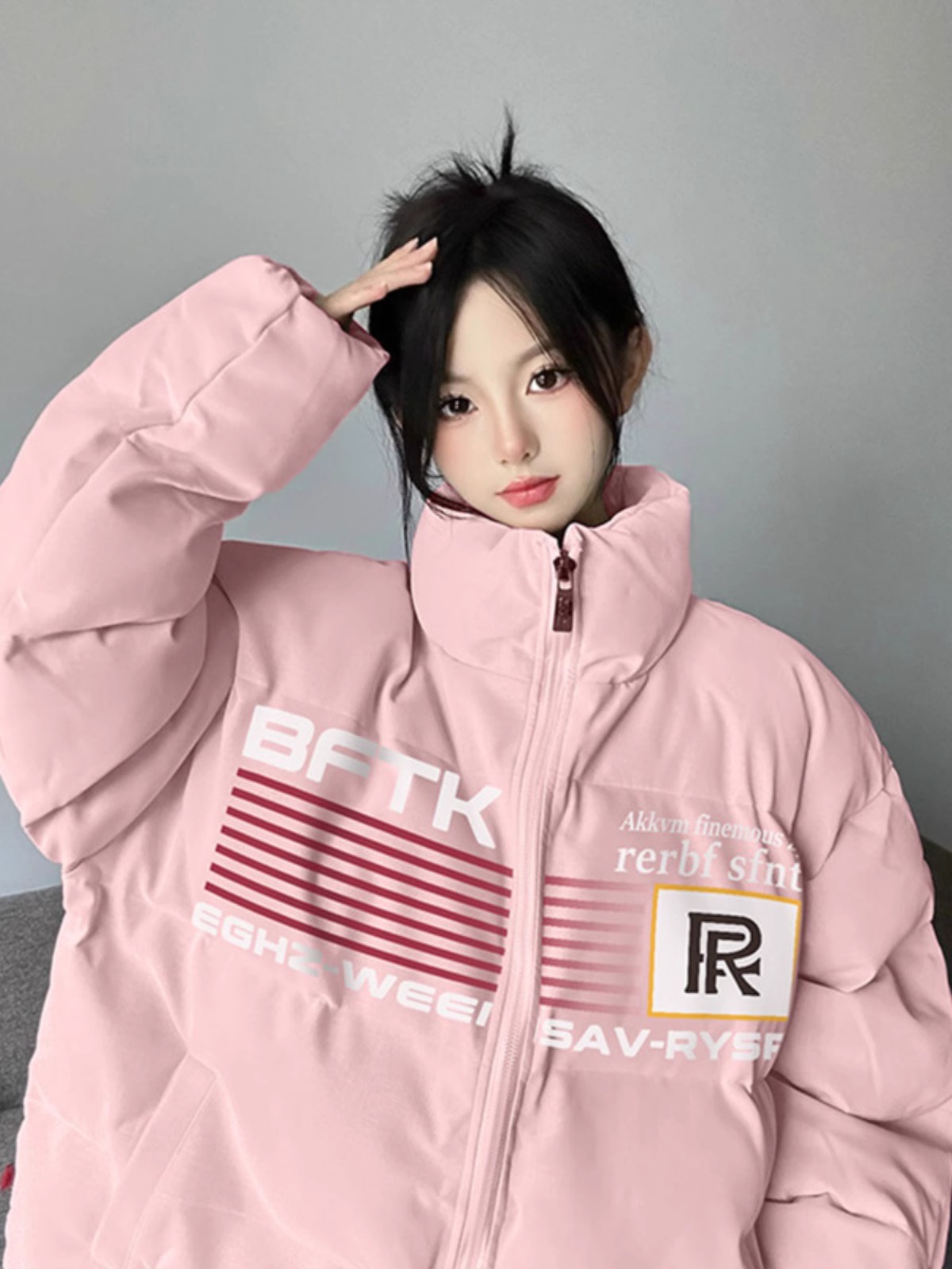 高品質手塞棉加厚冬季新款棉服寬鬆印花棉衣麵包服女