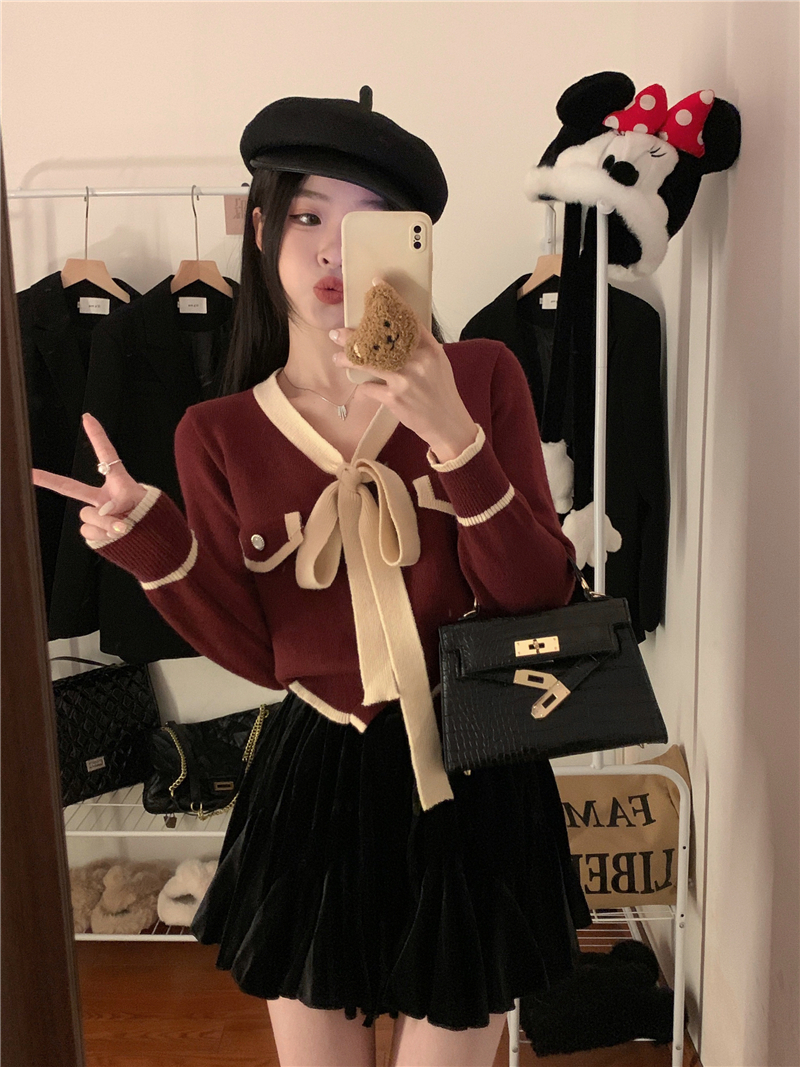 實拍法式小香風針織上衣小個子短款外套蝴蝶系帶百搭毛衣開衫