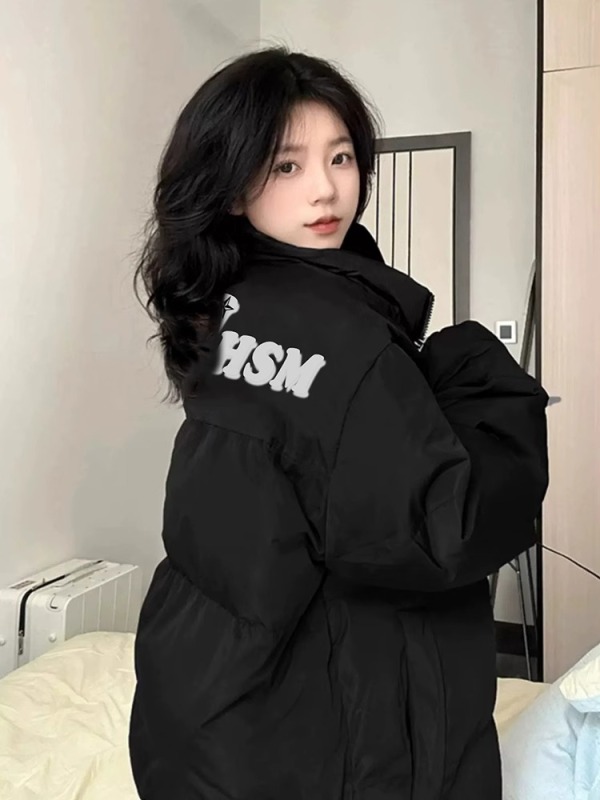 高品質手塞棉加厚冬季新款棉服寬鬆印花棉衣麵包服女