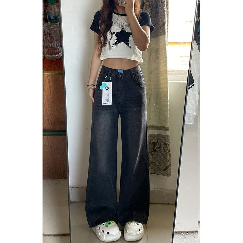 復古美式牛仔褲女士春秋新款小眾設計感寬鬆直筒褲子