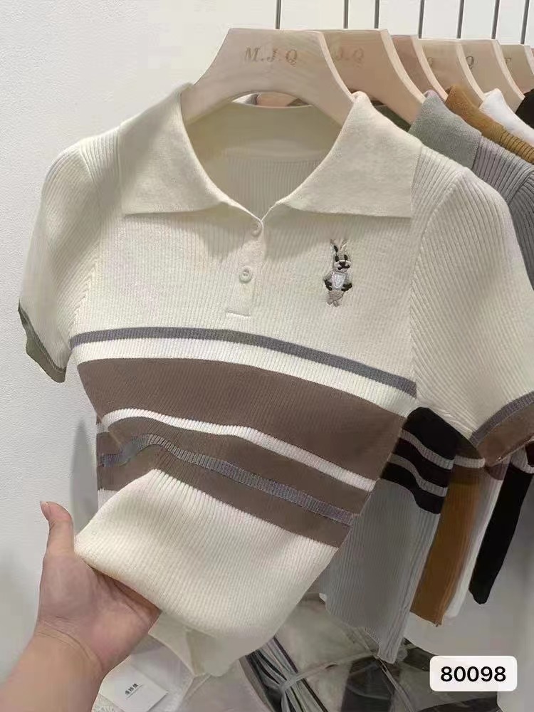 新款韓版學院風polo領刺繡撞色條紋短袖上衣女