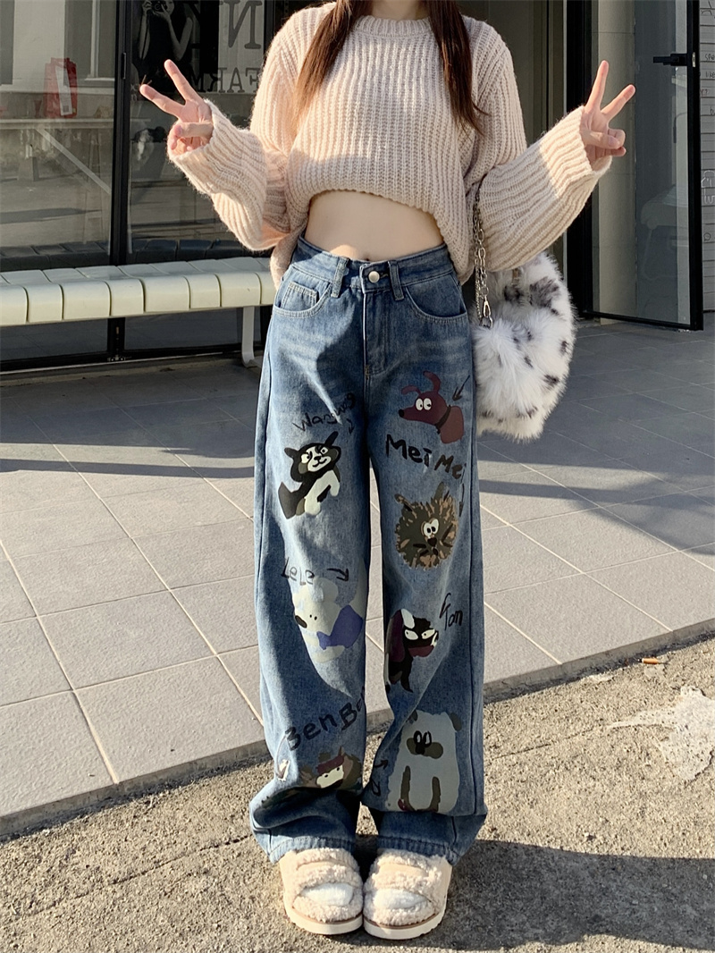 實拍！加絨加厚塗鴉印花牛仔褲女設計感小眾高腰寬鬆直筒褲
