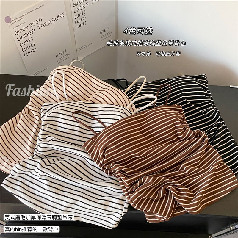 Real shot!  Warm brushed thickened camisole sexy striped top with breast pads and beautiful back