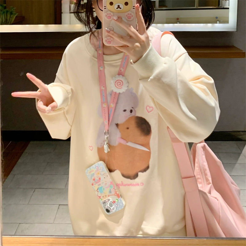 Shimaohua cotton thin/thick shoulder collar with matching color printing milky apricot autumn and winter round neck sweatshirt