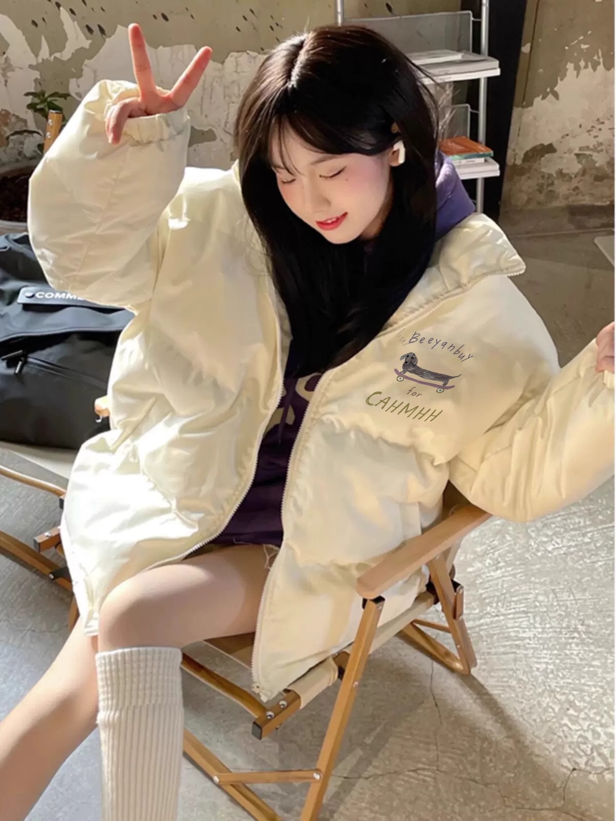 手塞棉棉服冬季新款寬鬆加厚棉衣麵包服印花外套女