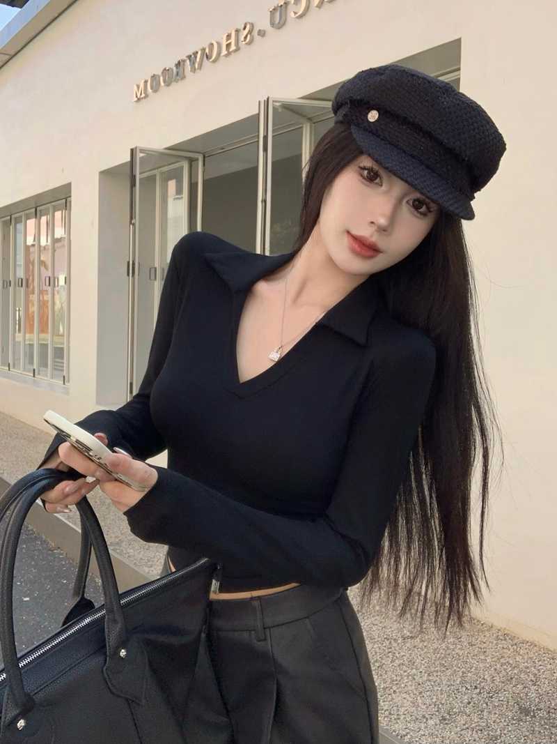 實拍秋冬辣妹風設計感修身顯瘦V領長袖內搭POLO針織打底衫