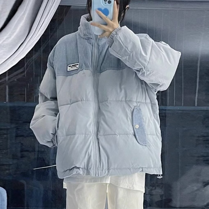美式燈芯絨拼接棉衣女士冬季外套羽絨棉服立領加厚棉襖情侶麵包服