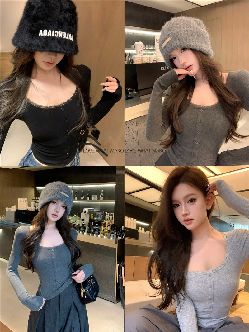 實拍~ins歐美設計感蕾絲花邊性感緊身顯瘦百搭內搭打底針織衫