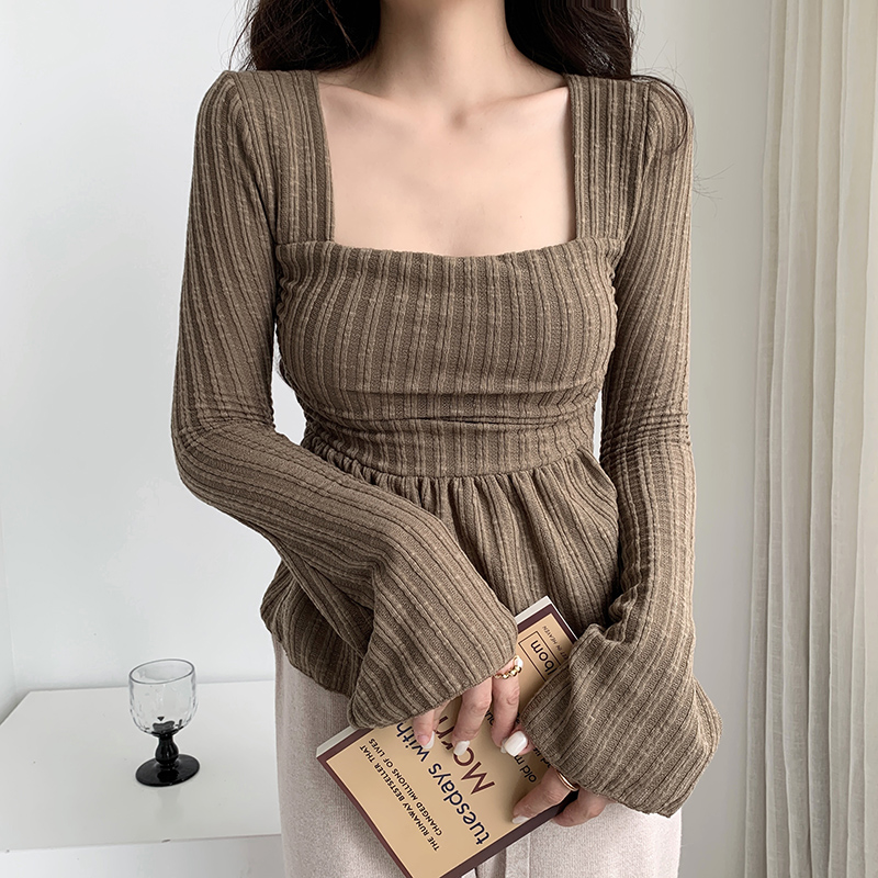 甜美溫柔可愛風方領喇叭袖蓬鬆下擺遮小肚子顯胸針織衫上衣t恤女