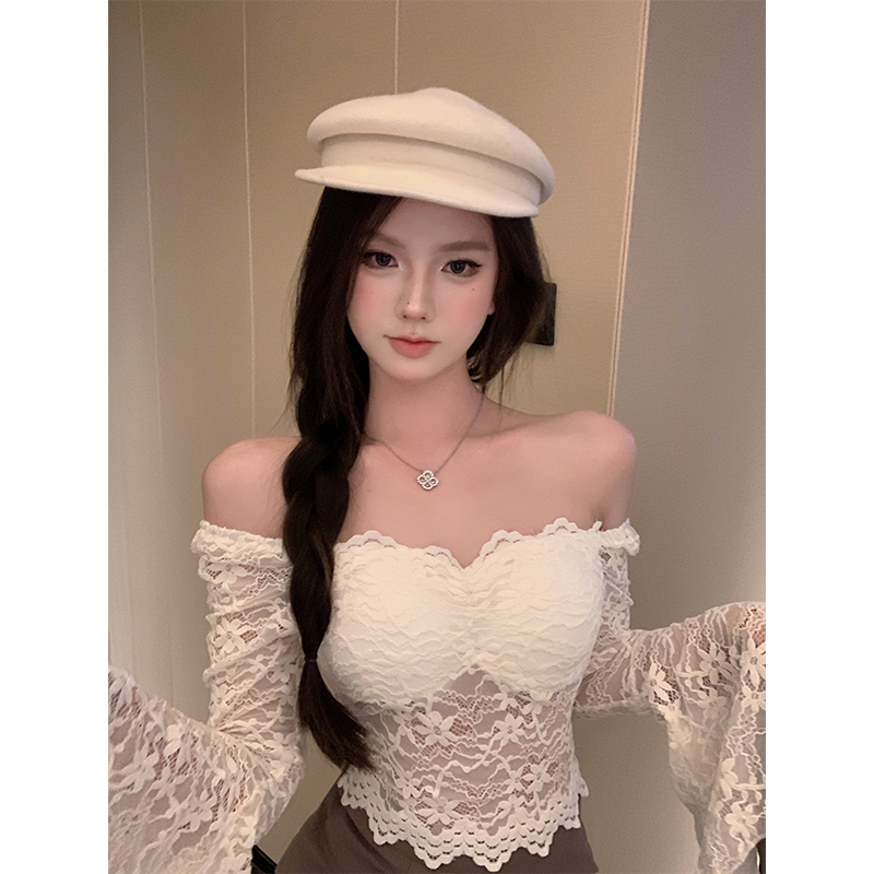實拍 純欲辣妹性感V領長袖蕾絲襯衫女秋喇叭袖襯衣修身上衣