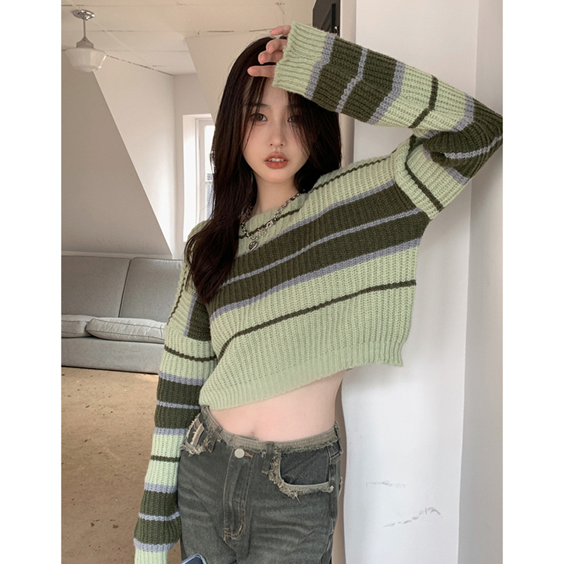 減齡秋冬季百搭條紋針織衫女新款修身顯瘦別致洋氣短款小眾上衣