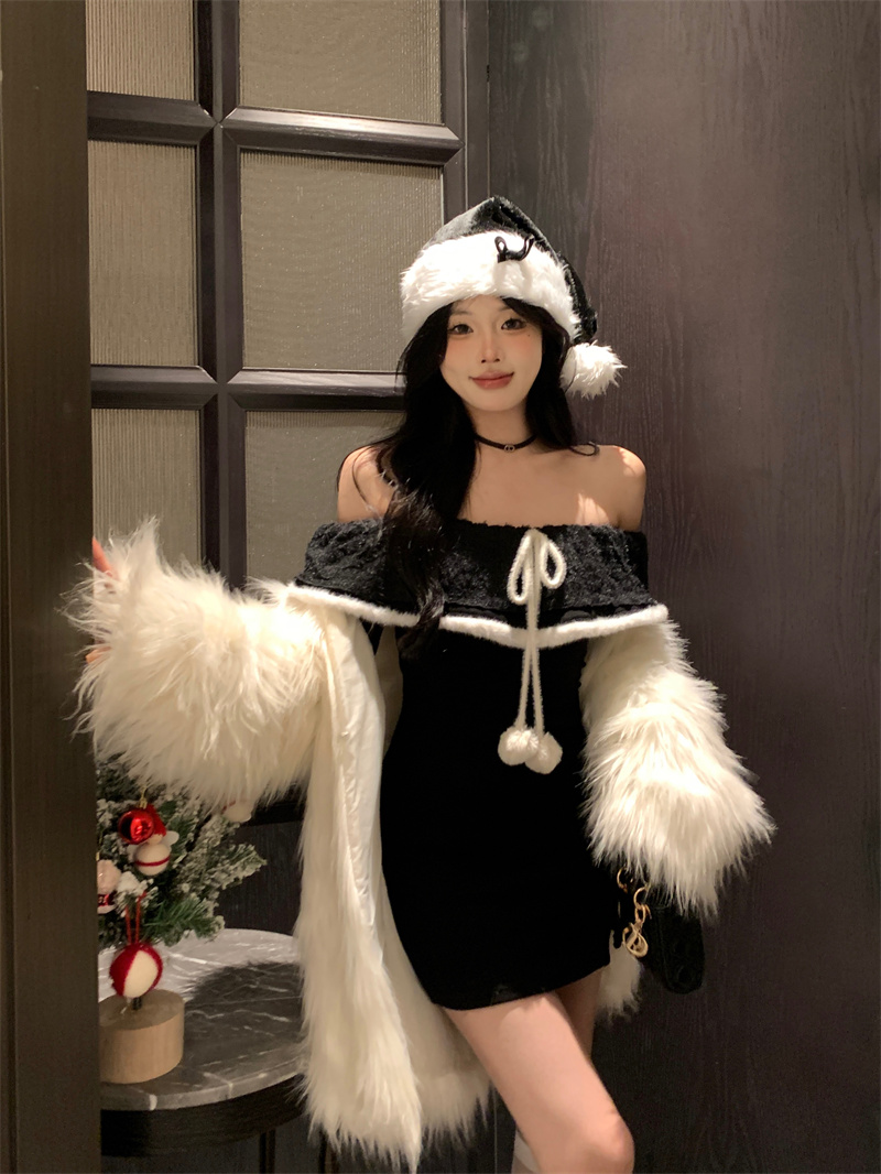 實拍 聖誕夜小惡魔 秋冬內搭連衣裙女黑色針織聖誕戰裙