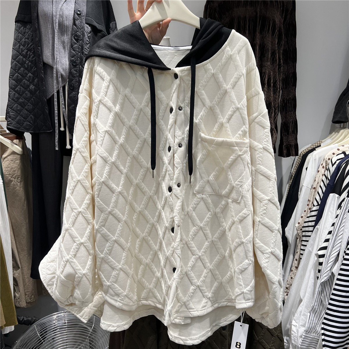 Thickened fake two-piece coat for women three-dimensional diamond plaid contrasting hooded loose autumn new mid-length style lazy style