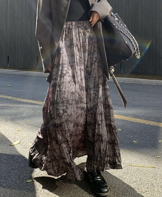Real shot of pleated tie-dye skirt new winter style elegant loose large skirt loose A-line mid-length skirt