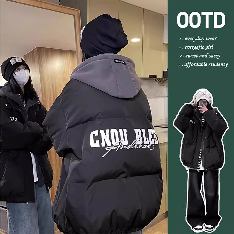 美式高街oversize棉服女冬季新款學生假兩件加厚棉衣休閒復古棉襖
