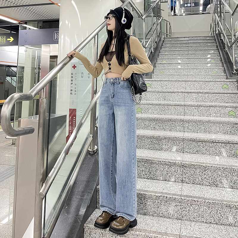 實拍~高腰牛仔褲女直筒寬鬆2024年新款繡花小個子垂感拖地闊腿褲