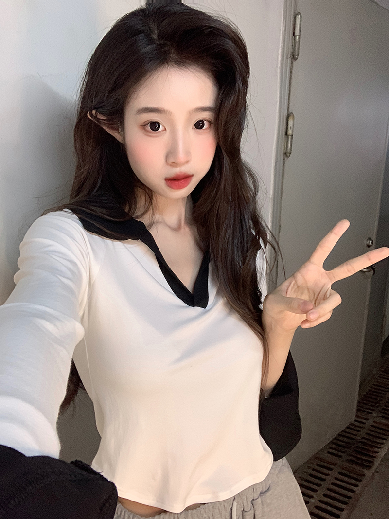 實拍~早秋新款小翻領修身顯瘦純欲風長袖T恤