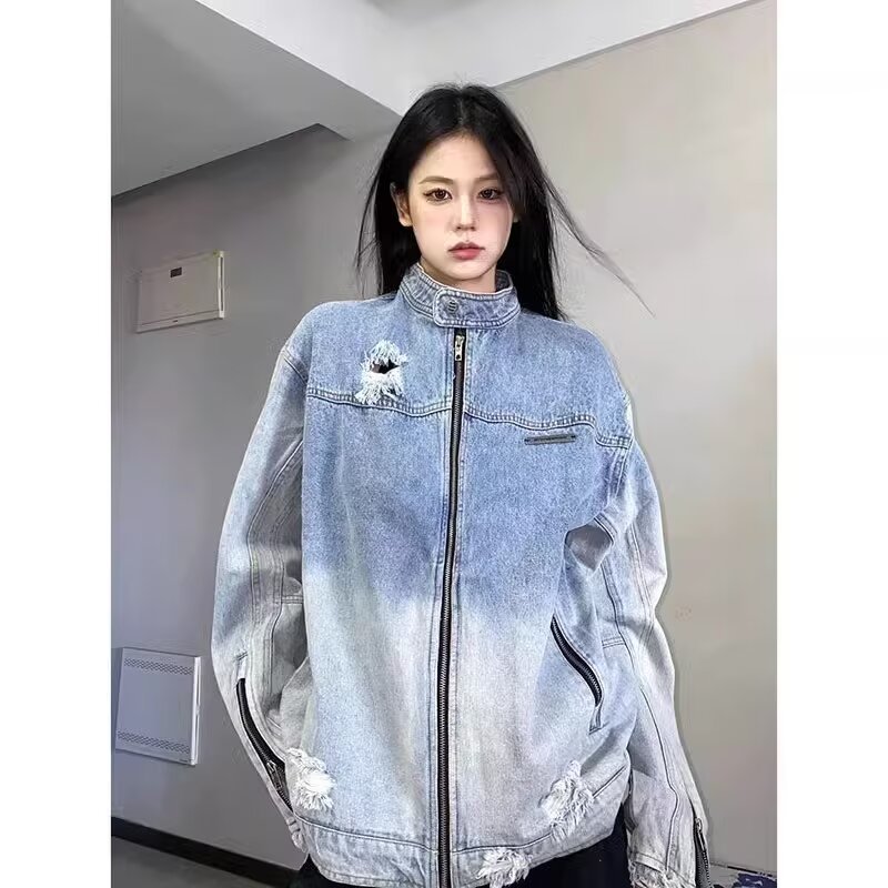 破洞漸變水洗牛仔外套女2023春秋季新款寬鬆街頭復古夾克上衣潮