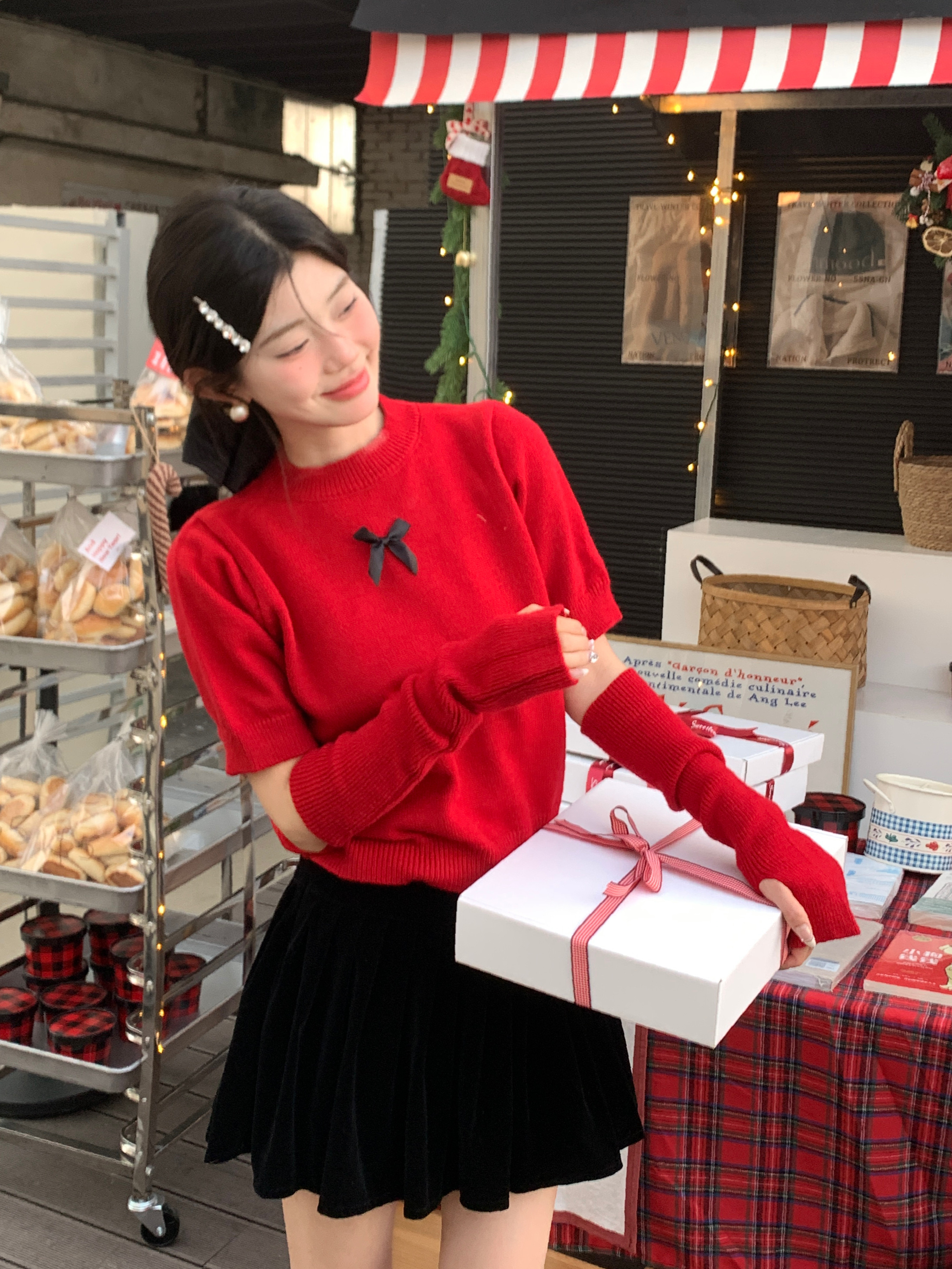 實拍 紅色新年聖誕甜美蝴蝶結泡泡袖設計感毛衣帶袖套