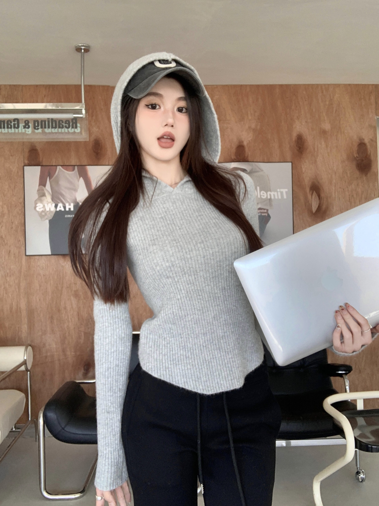 實拍 純色短款連帽針織外套顯瘦辣妹上衣