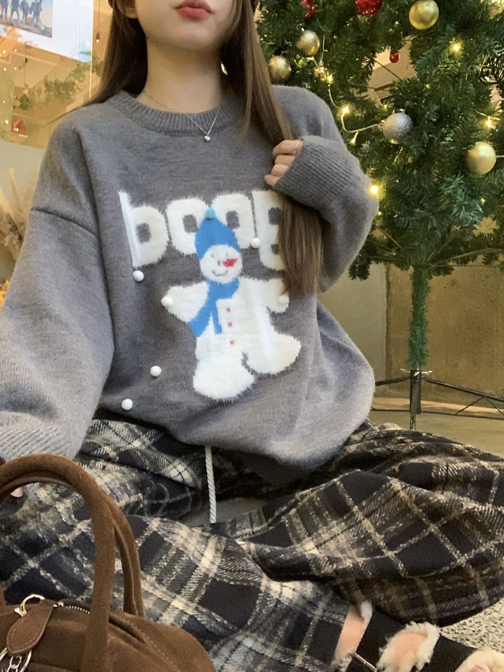 實拍三標齊雪人圓領小眾圓領套頭毛衣女