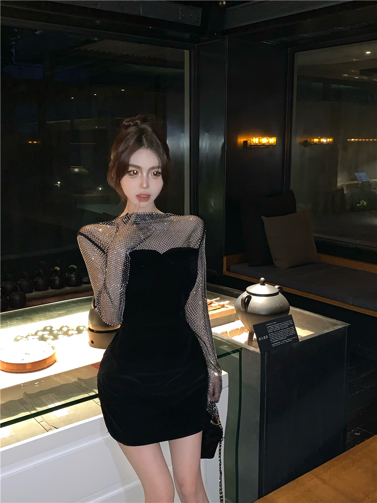 Real shot!  Bright Silk Mesh Diamond Dress Autumn and Winter Slim Fit Super Nice-looking Hip Skirt