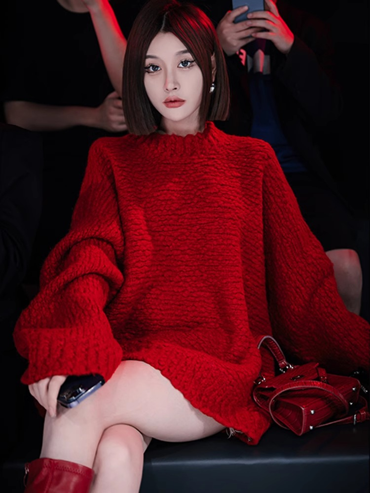 韓系顯白圓領慵懶風紅色毛衣女秋冬寬鬆外穿軟糯針織衫高級感上衣