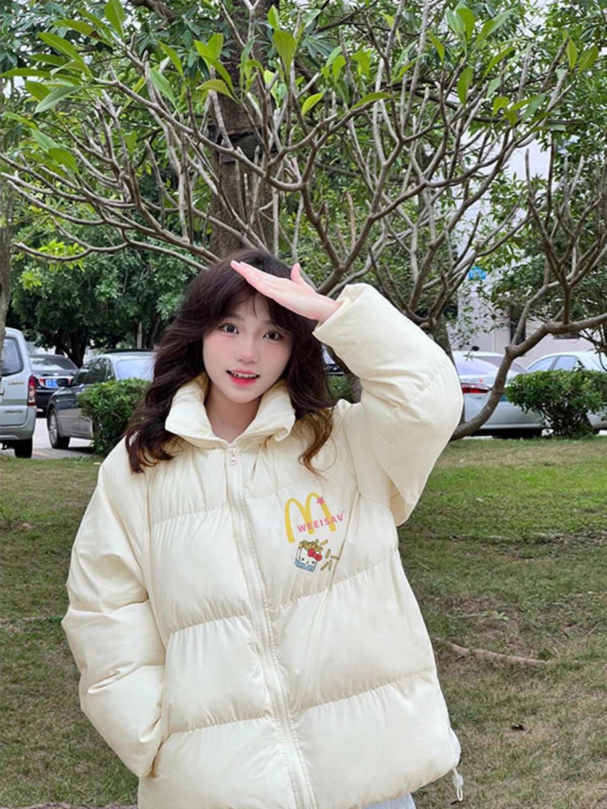 高品質手塞棉加厚冬季新款棉服寬鬆印花棉衣麵包服女