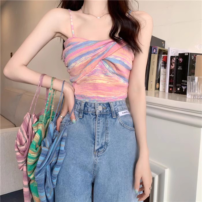 French chic striped small suspender outer vest for women spring short hot girl sexy bottoming sleeveless inner top