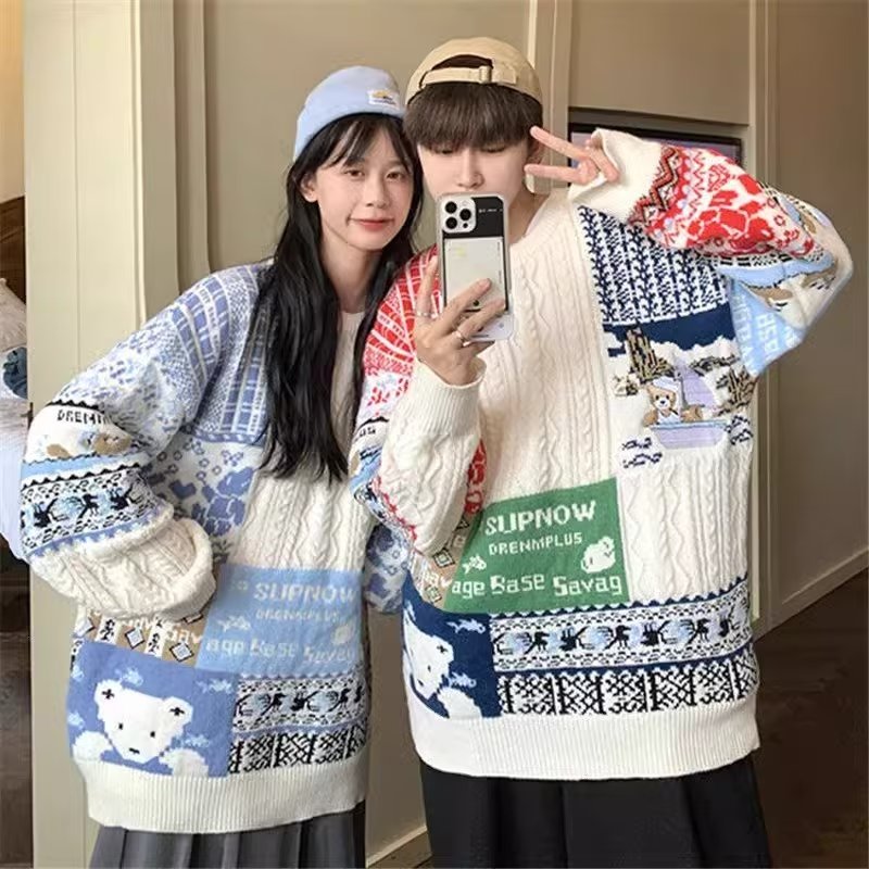 秋冬季潮牌寬鬆慵懶風拼接毛衣女圓領日系ins加厚保暖情侶針織衫