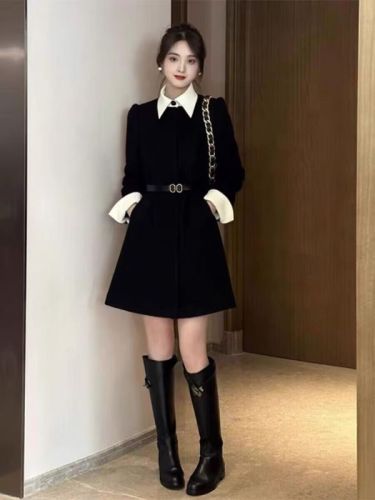 High-end small fragrant black fake two-piece dress women's autumn and winter skirt  winter new temperament little black dress