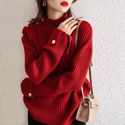 Red sweater autumn and winter European fashion trendy high-end niche chic New Year shirt clothes plus size women's clothing