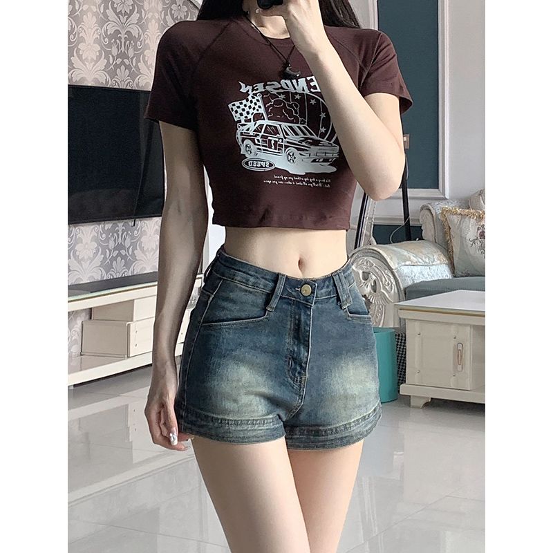 復古chic夏季辣妹高腰彈力牛仔短褲女顯瘦修身包臀a字超短熱褲潮
