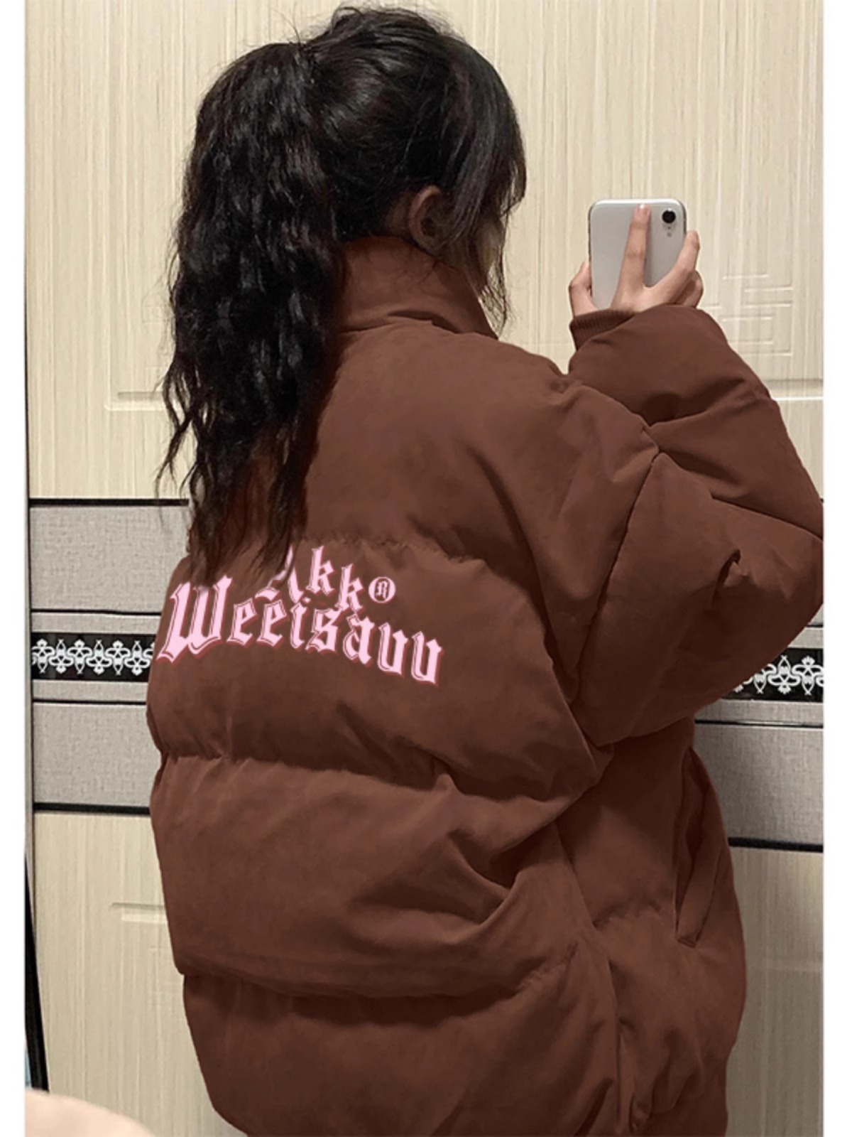 高品質手塞棉加厚冬季新款棉服寬鬆印花棉衣麵包服女