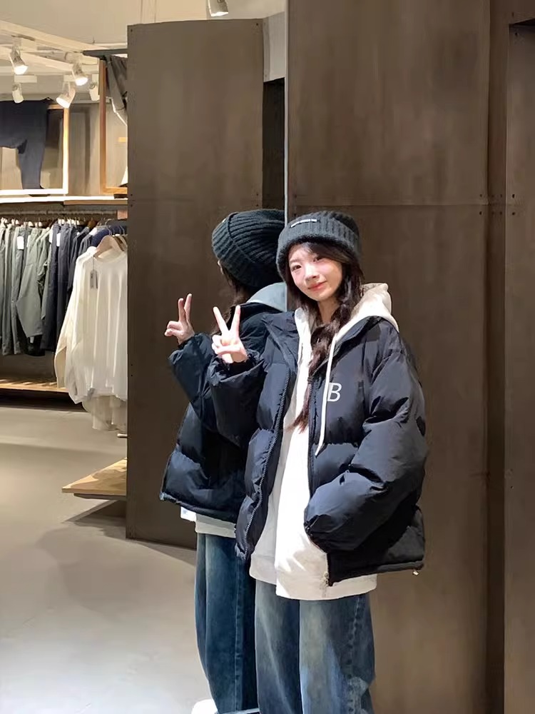 手塞棉棉服冬季新款寬鬆加厚棉衣麵包服印花外套女