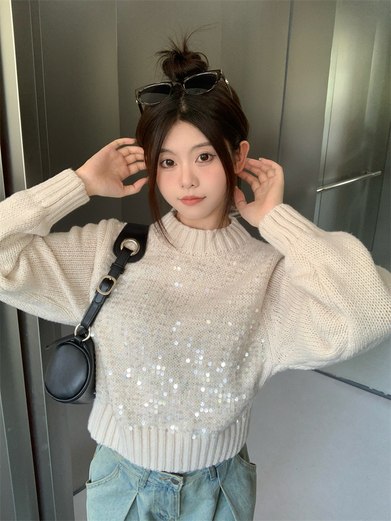 實拍 圓領寬鬆亮片裝飾毛衣女慵懶風厚款百搭長袖針織上衣