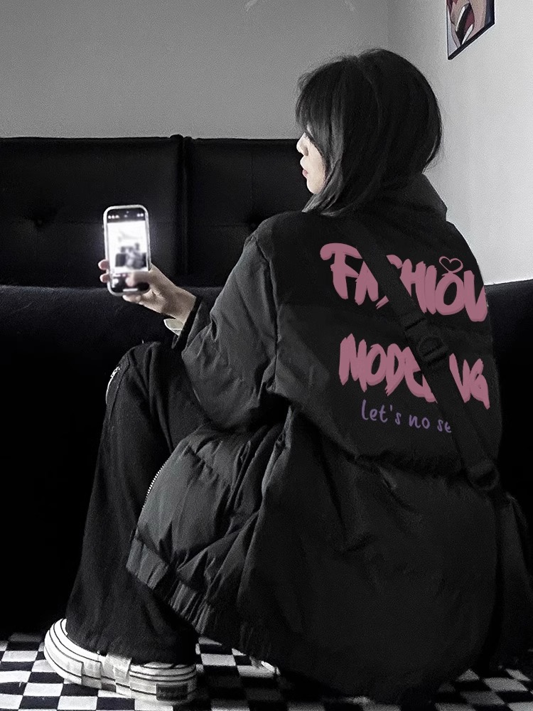 高品質手塞棉加厚冬季新款棉服寬鬆印花棉衣麵包服女