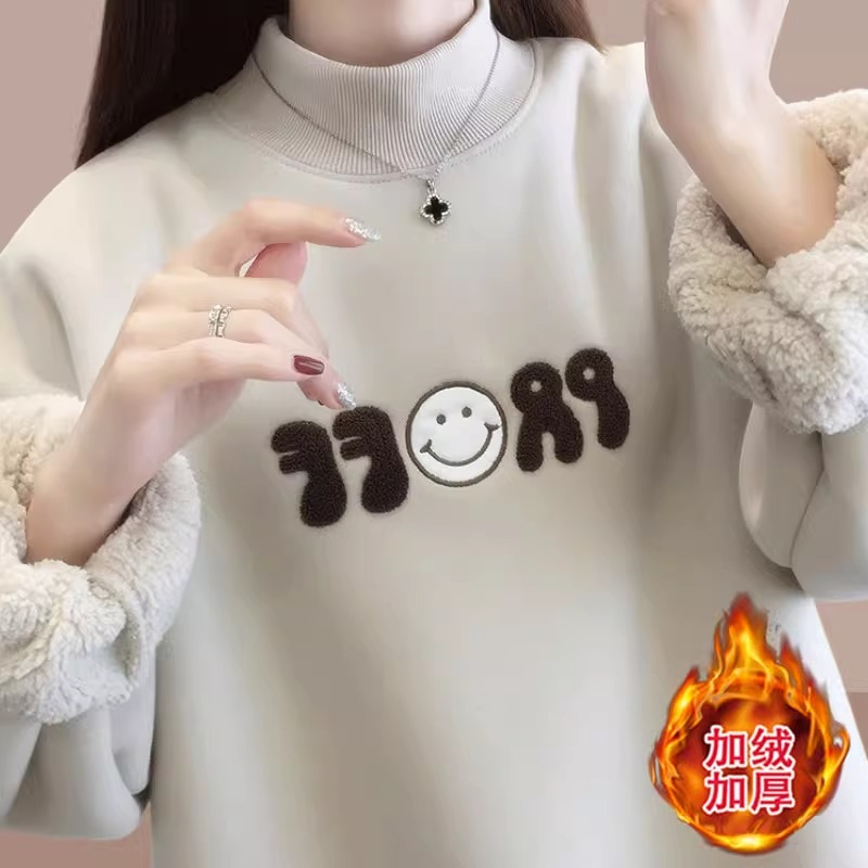 420克衛衣女秋冬刺繡半高領保暖上衣大碼女裝