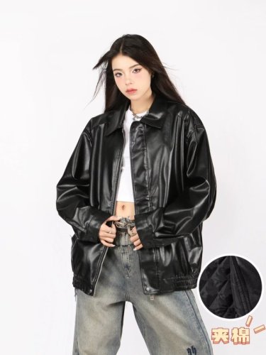 American retro leather jacket for women in autumn and winter Hong Kong style quilted thickened PU leather couple motorcycle jacket cotton coat