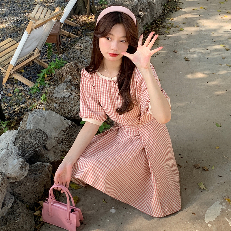 實拍 清爽夏季韓版格子連衣裙大碼女裝綁帶收腰氣質顯瘦裙子