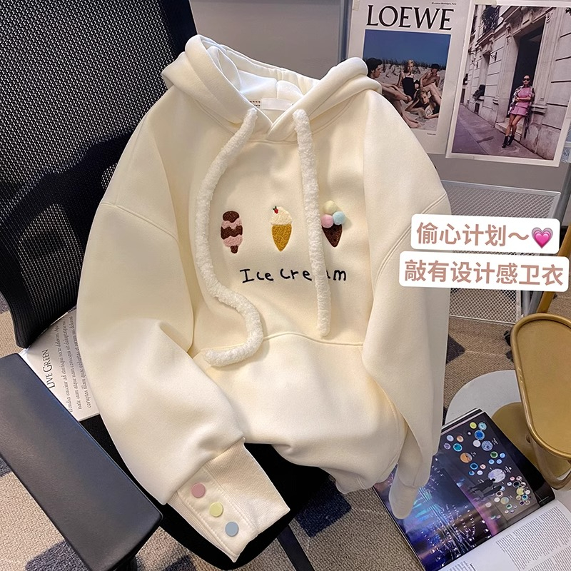 原版做工秋冬卡通刺繡連帽衛衣女2023新款加絨外穿寬鬆保暖上衣
