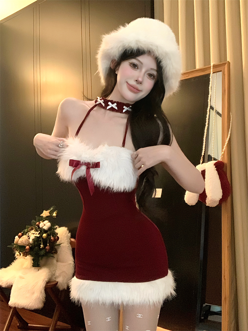 實拍 甜美性感毛絨連衣裙掛脖露肩打底裙短裙抹胸包臀裙裙子