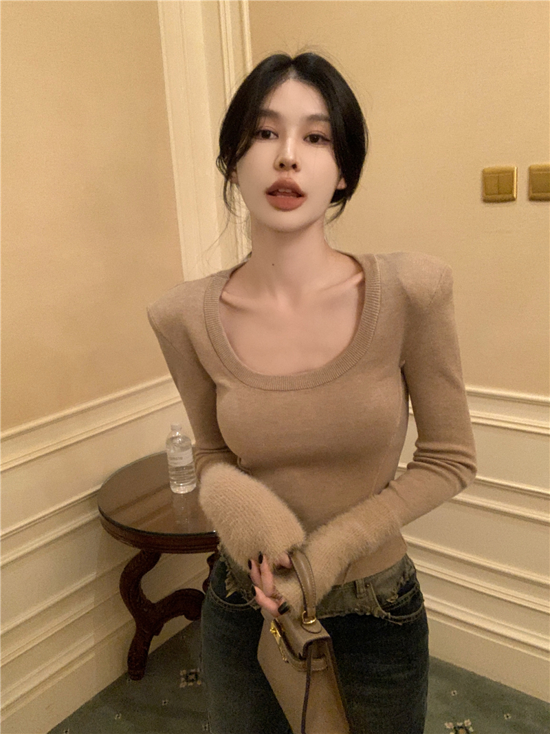 實拍  U領長袖修身上衣女顯瘦短款純棉保暖針織打底衫