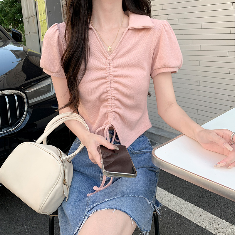 實拍 280克華夫格棉T恤女短袖2023年新款短款上衣夏polo領衫