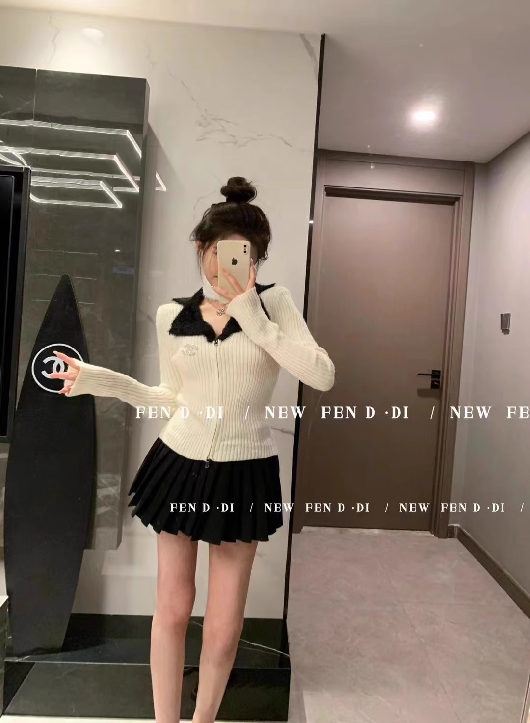 超軟糯毛毛圍脖字母針織開衫女冬2023新款毛毛娃娃領雙頭拉鏈上衣