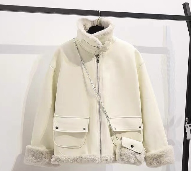 Thirteen Lines Autumn and Winter New Small Fur One-piece Plus Velvet Thickened Western Style Age-Reducing Short Leather Jacket for Women