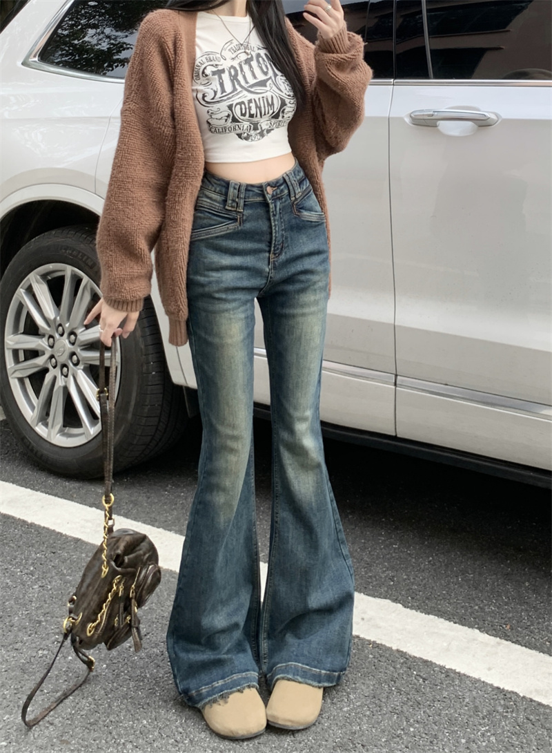 實拍 新款高腰彈力修身顯瘦百搭微喇長牛仔褲女